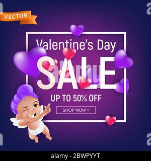 Valentine`s day sale purple banner or flyer design template with cute cartoon cupid or smiling baby angel with square frame. Vector illustration for g Stock Vector